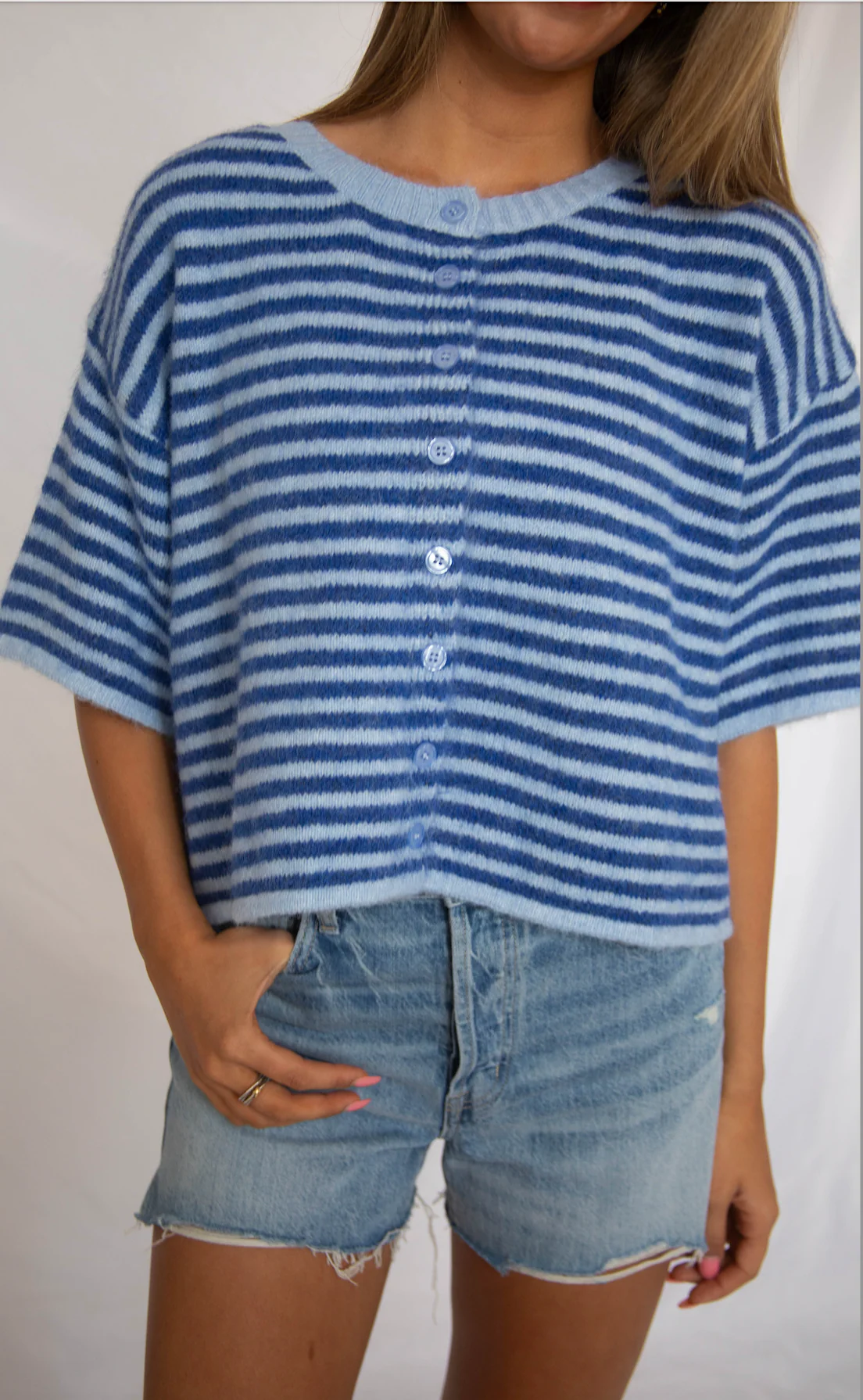 can't be without striped short sleeve cardigan - blue - Image 2