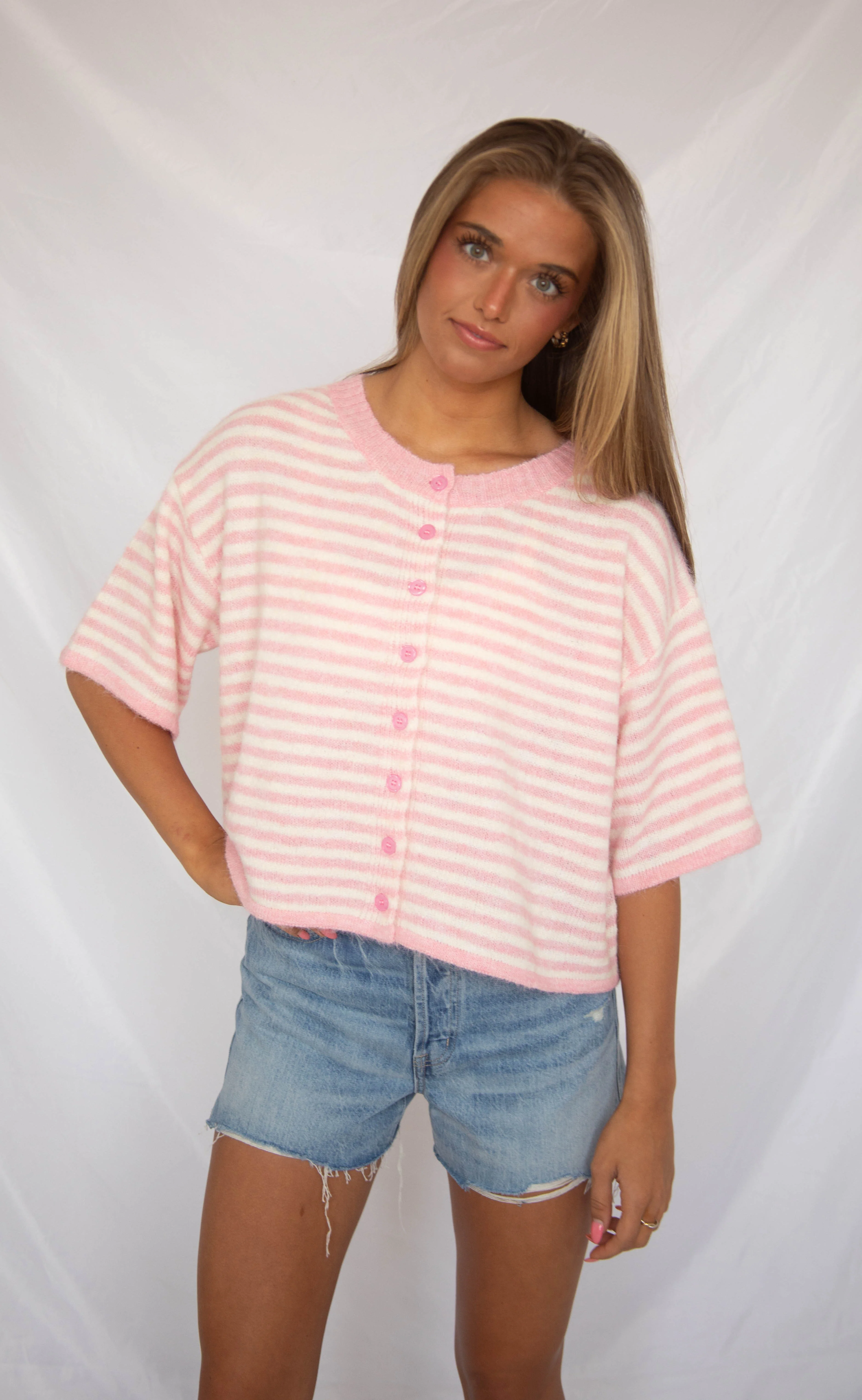 can't be without striped short sleeve cardigan - pink