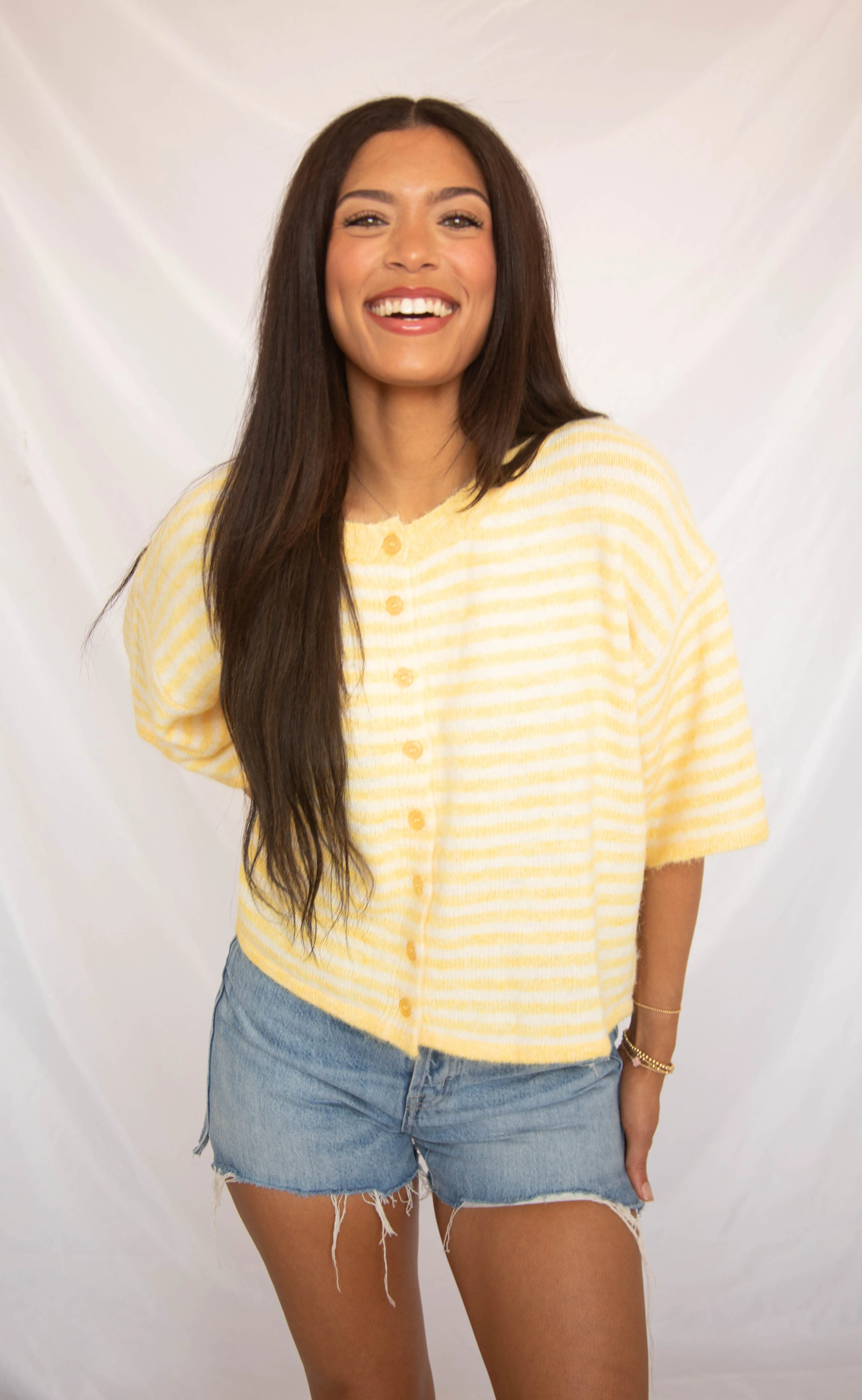 can't be without striped short sleeve cardigan - yellow