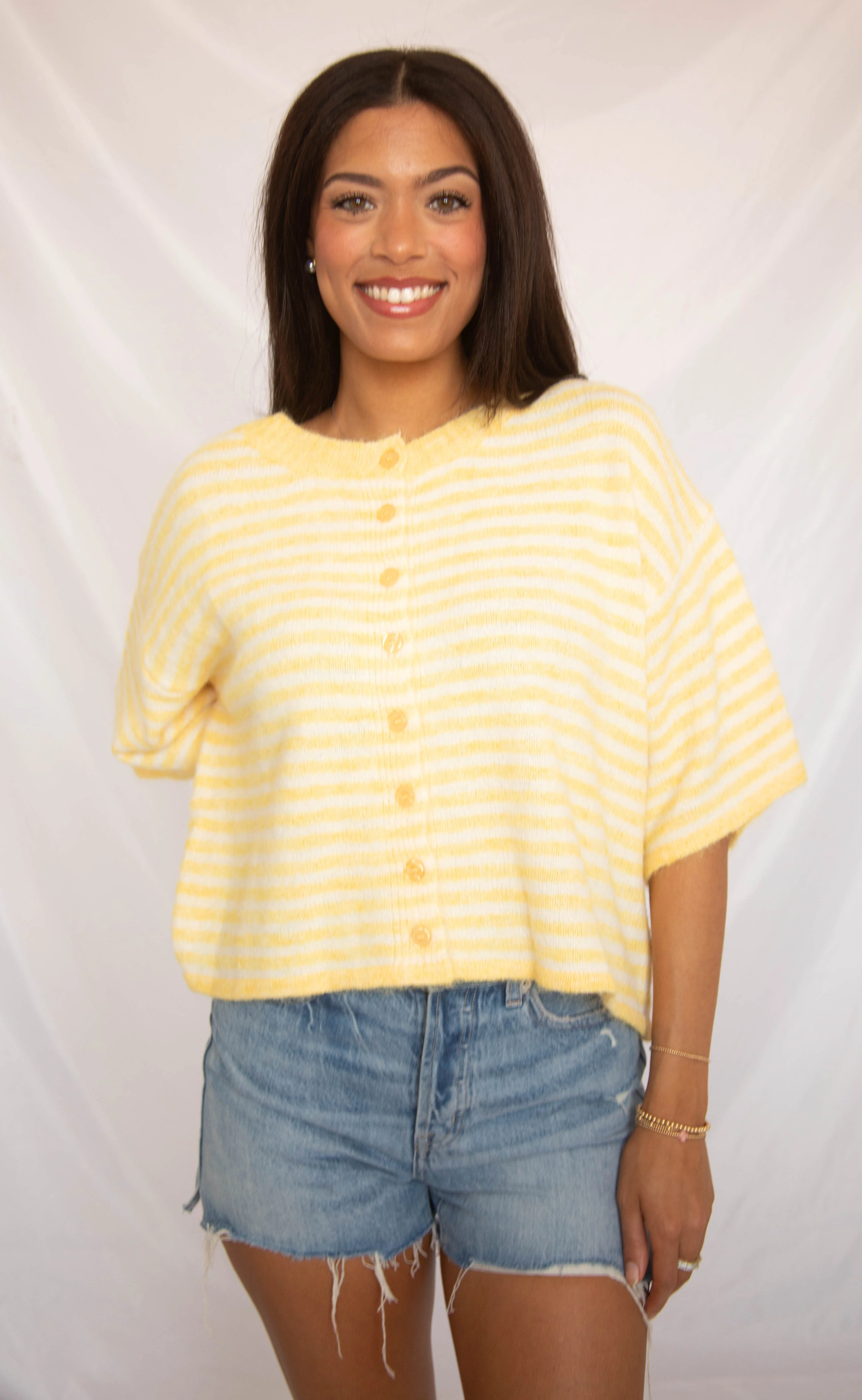 can't be without striped short sleeve cardigan - yellow - Image 2