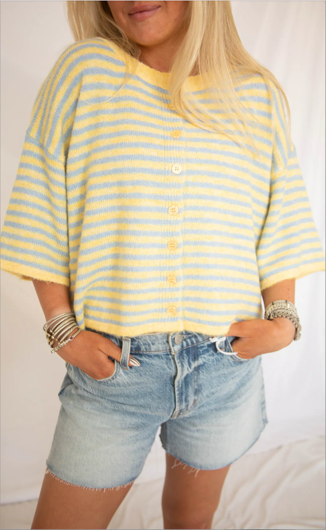 can't be without striped short sleeve cardigan - yellow blue - Image 2
