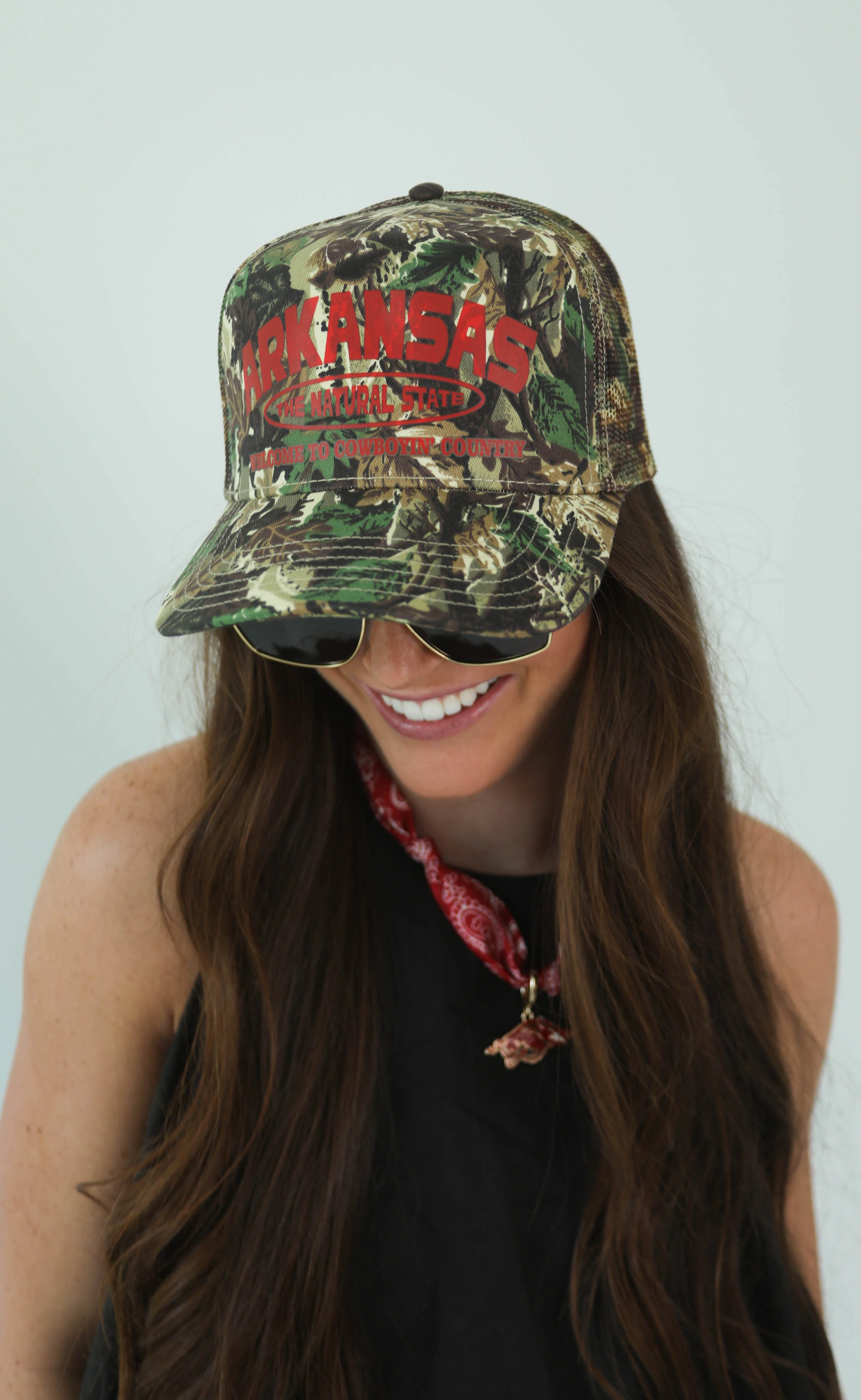 charlie southern: arkansas camo trucker hat - red