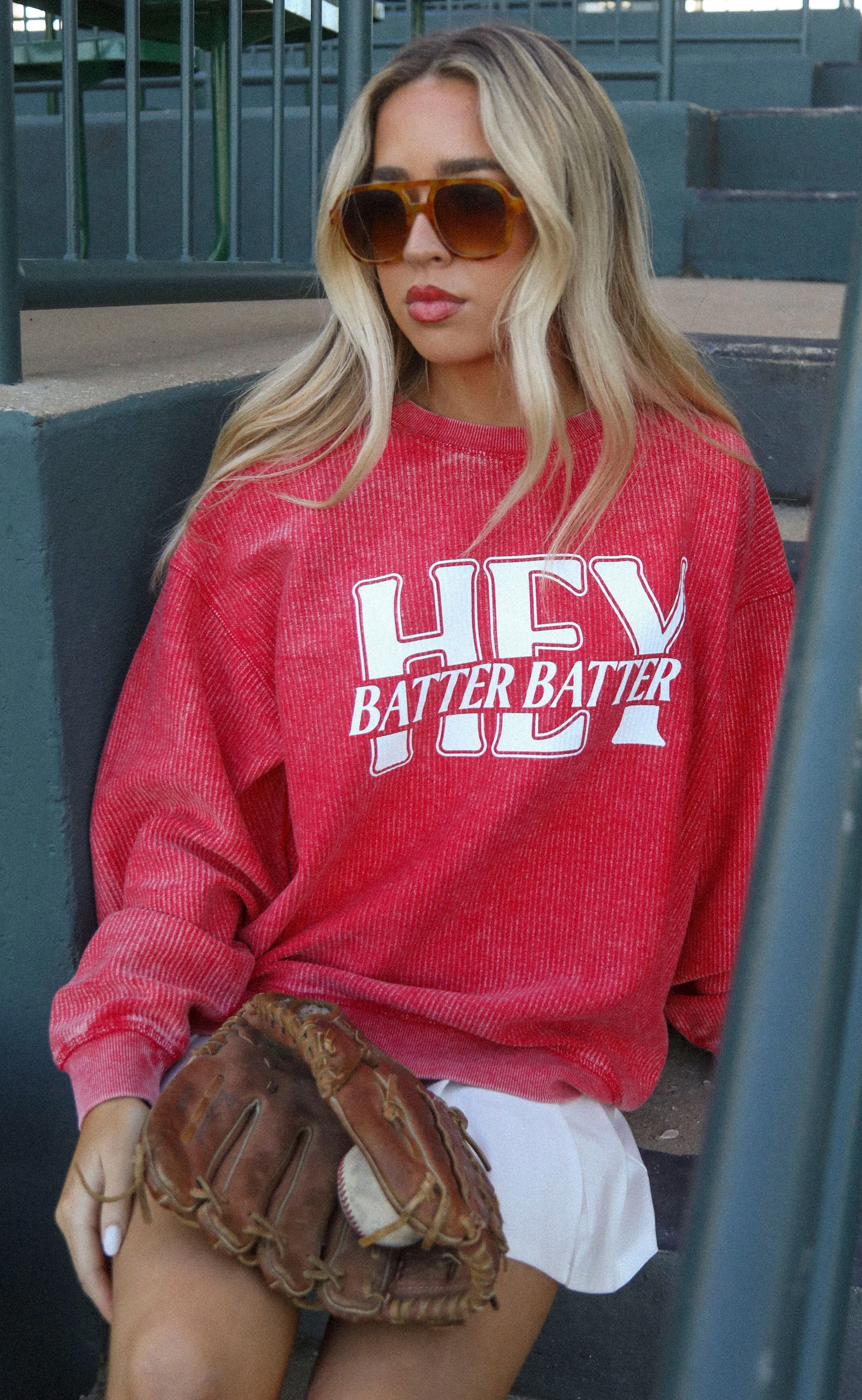 charlie southern: hey batter batter corded sweatshirt - red