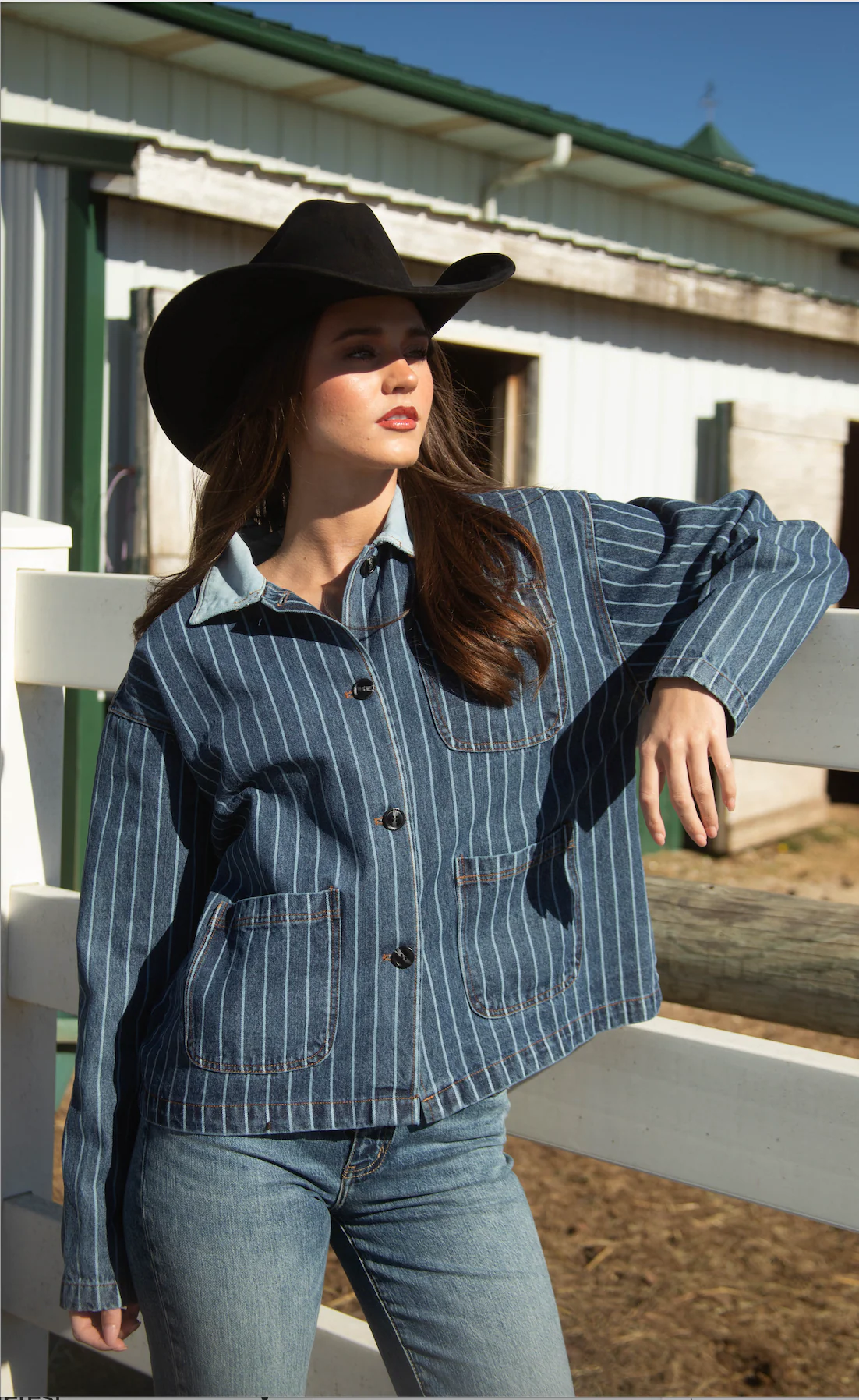 come on over striped denim jacket