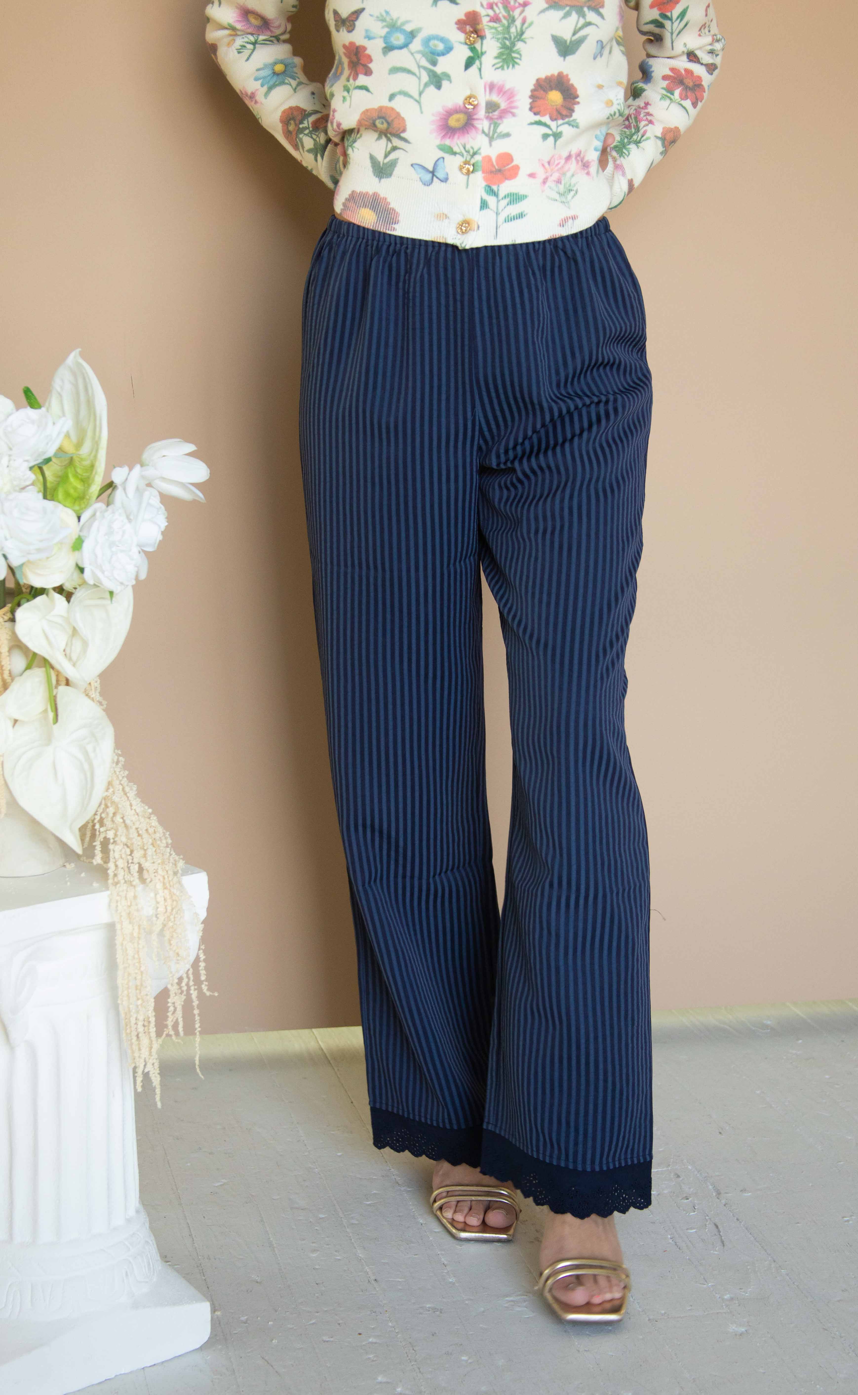 deep blue striped lace scalloped pants