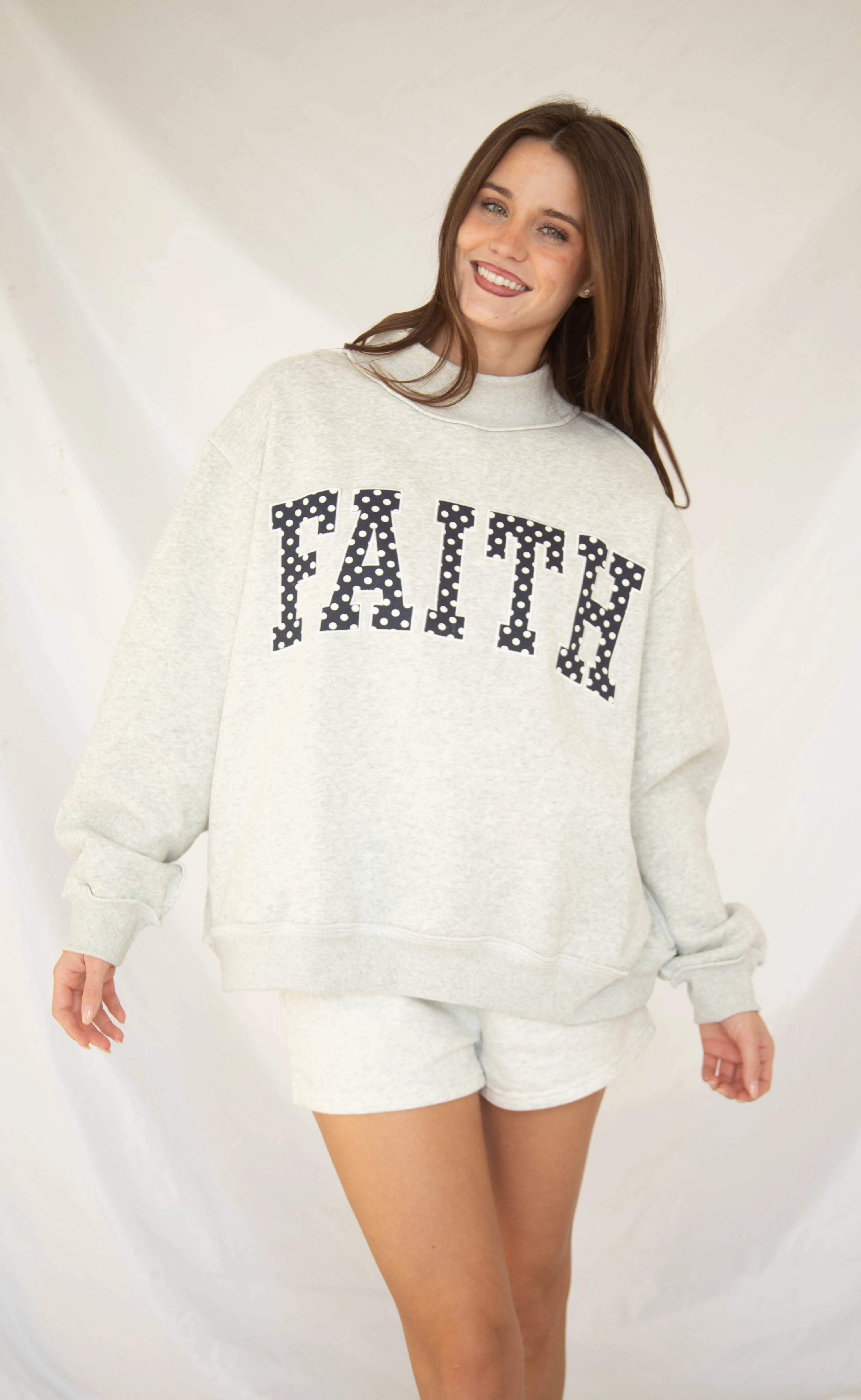 faith embroidered mock neck sweatshirt - polka dot