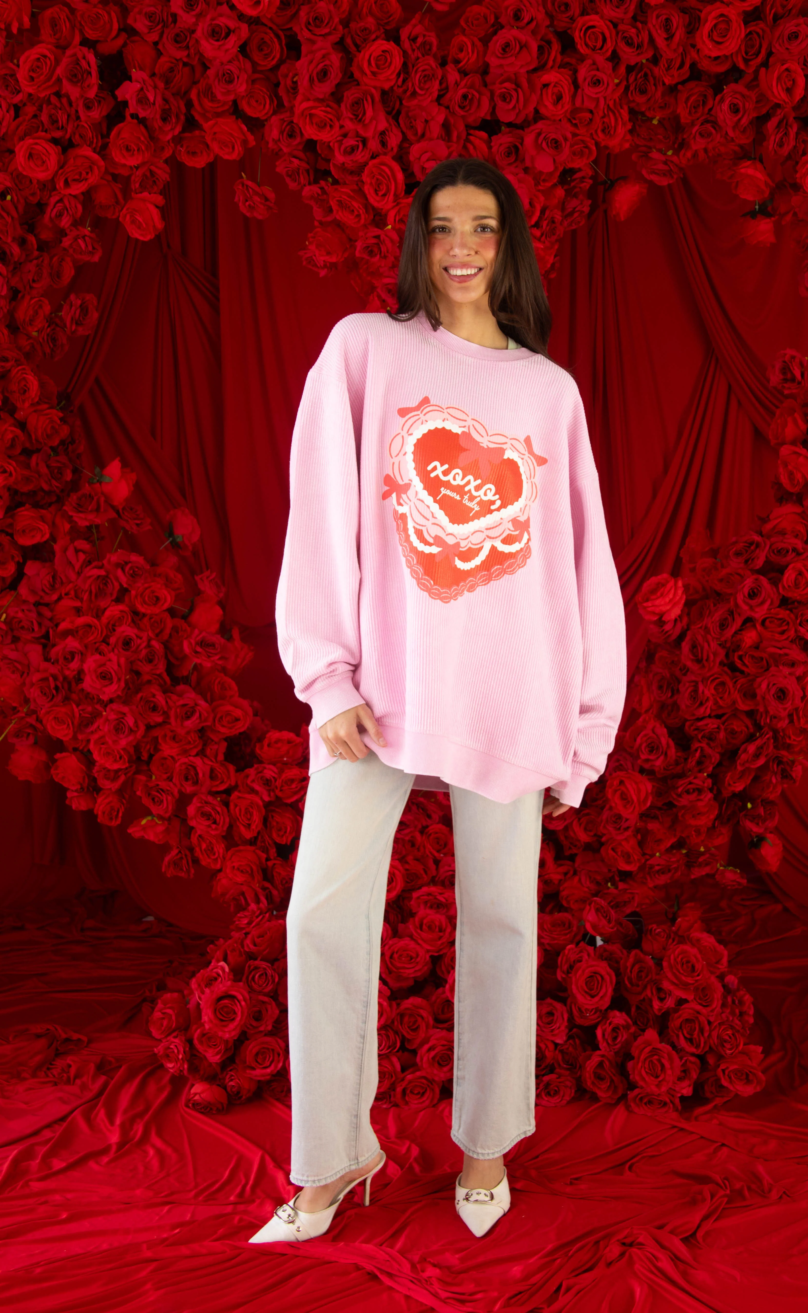 friday + saturday: xoxo corded sweatshirt
