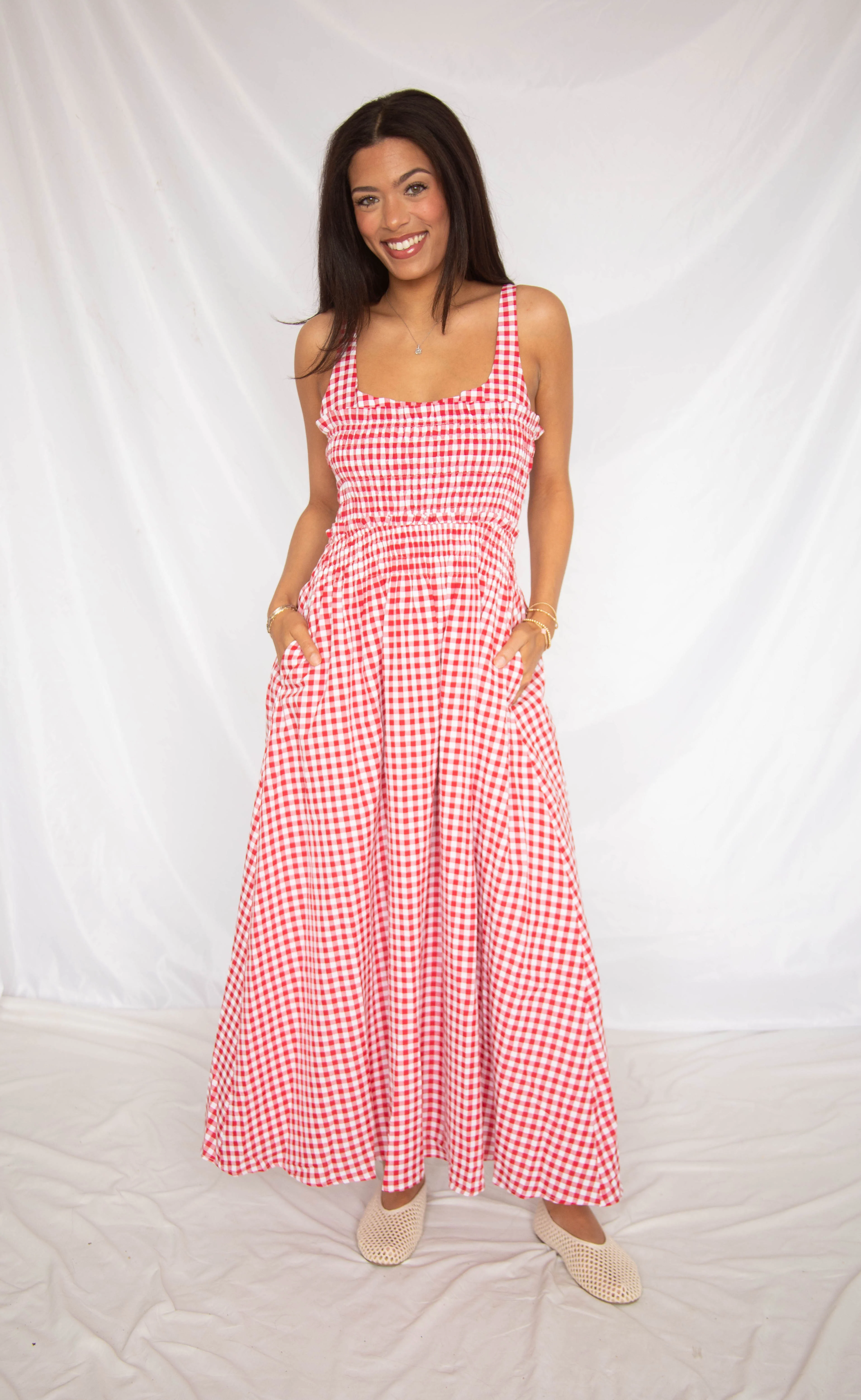 stories to tell gingham maxi dress