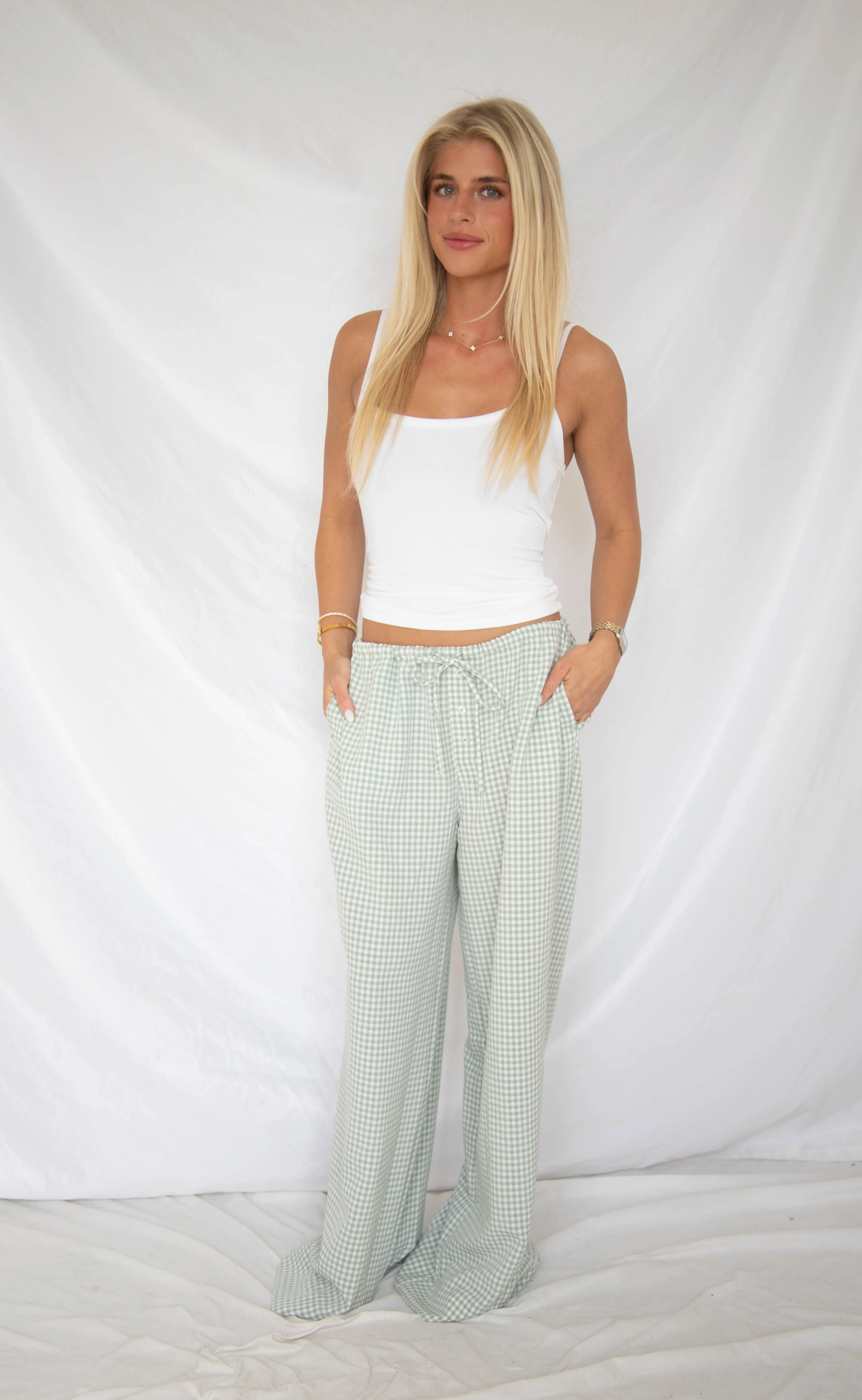 take it slow gingham pants - sage